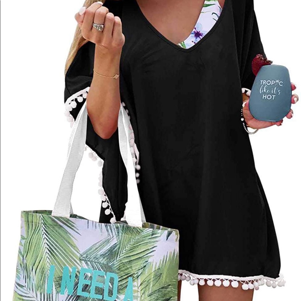 Adreamly Women's Pom Pom Trim Kaftan Chiffon Swimwear Beach Cover Up